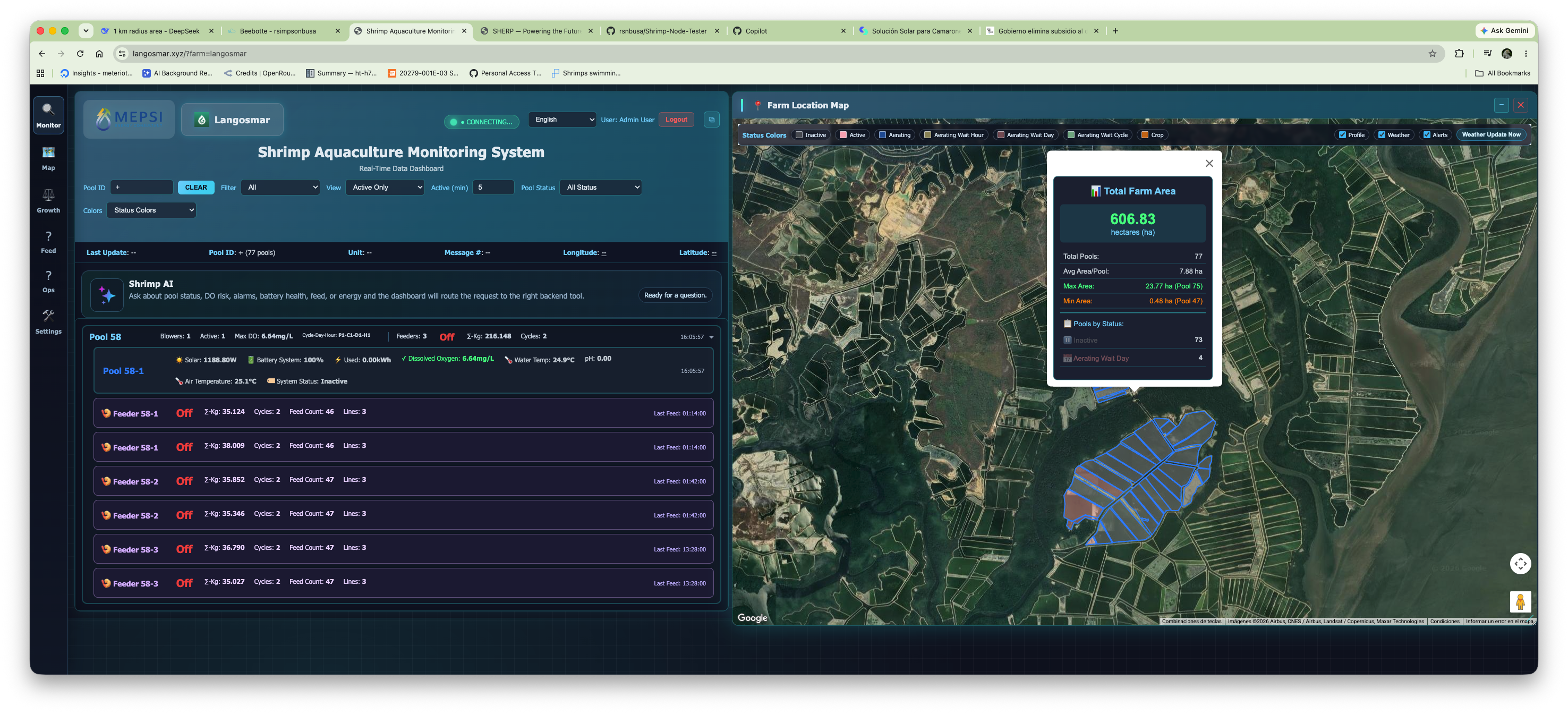 SHERP real-time monitoring dashboard with live farm map, pool status, and feeder telemetry