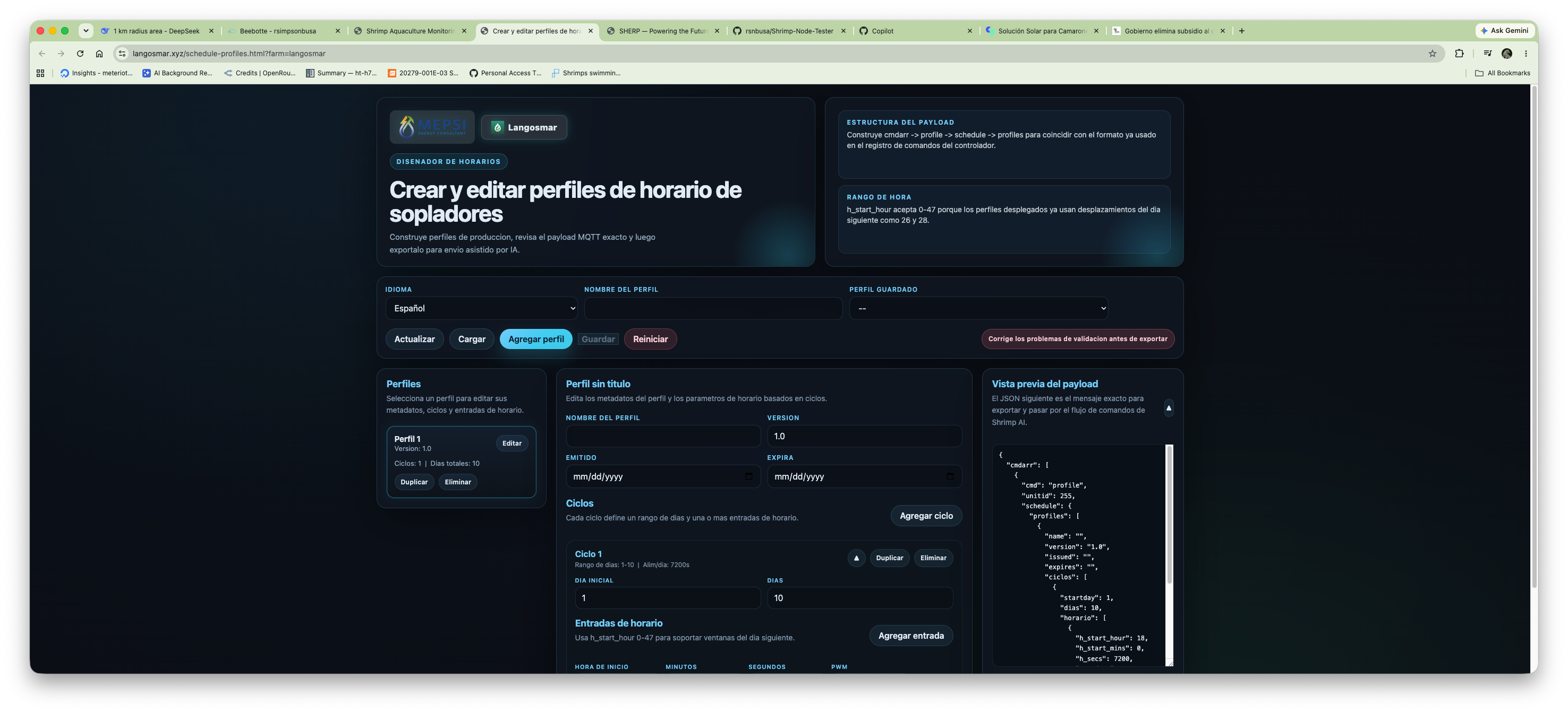 Schedule profile designer for aeration cycles, shown in Spanish